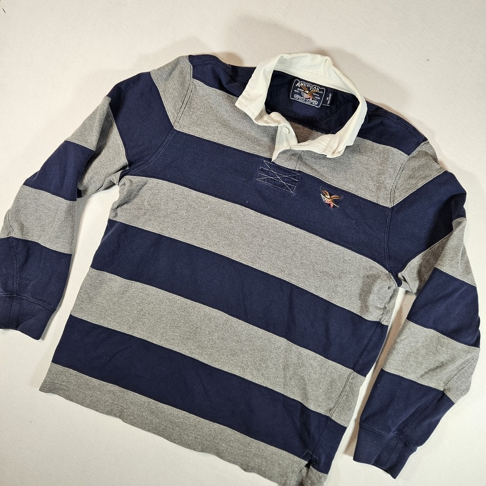 Vintage AMERICAN LIVING Men's Rugby Polo M Blue/Gray Stripe Y2K 90's PREPPY